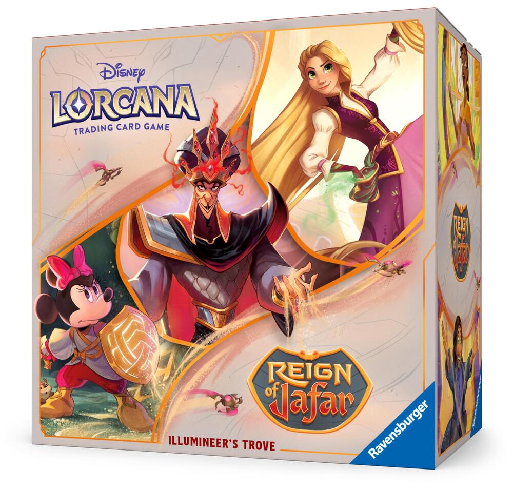 Lorcana TCG: Reign of Jafar Illumineer's Trove - Disney Lorcana trading card game box featuring colorful fantasy characters including Mickey Mouse, a red-armored warrior,.