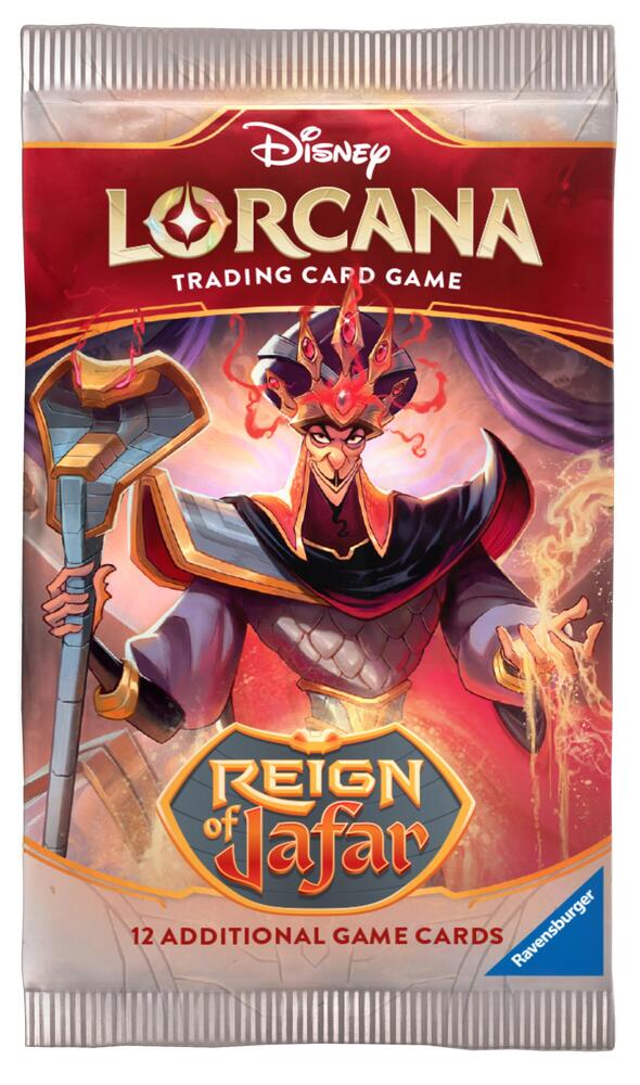 Lorcana TCG: Reign of Jafar Booster Pack - Disney Lorcana Trading Card Game booster pack featuring a fiery image of Jafar with red and gold tones and 12 additional.