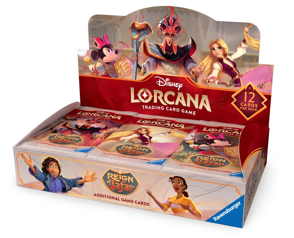Lorcana TCG: Reign of Jafar Booster Box - Open Lorcana TCG Reign of Jafar booster box featuring colorful Disney character artwork and 12 collectible card packs inside.