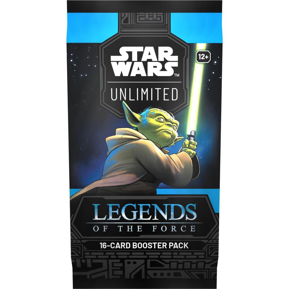 Star Wars: Unlimited - Legends of the Force - Booster Pack - Star Wars Unlimited Legends of the Force booster pack featuring Yoda with green lightsaber on black and blue packaging.