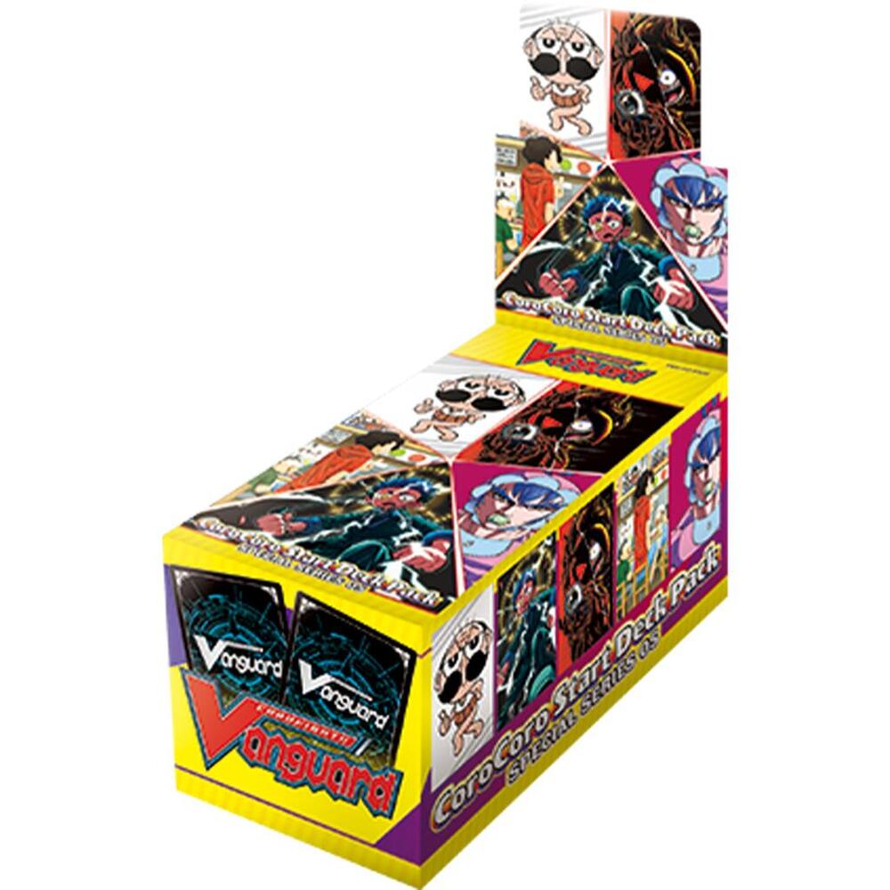 Cardfight Vanguard Divinez: SS05 - Coro-Coro Start Deck Display - Yellow rectangular box displaying multiple colorful anime-style trading card packs for Cardfight Vanguard Divinez SS05.
