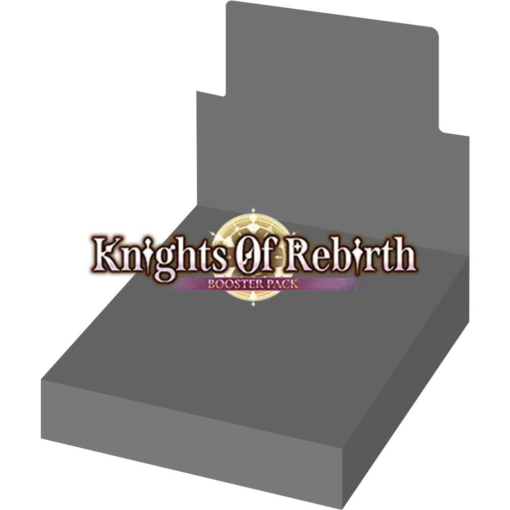 Cardfight Vanguard Divinez - Knights Of Rebirth Booster Box - Dark gray open booster box with "Knights Of Rebirth" logo featuring a golden helmet and sword emblem on the inner display.