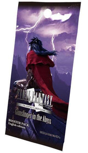 Gunslinger in the Abyss Booster Pack - Fantasy card game booster pack with dark purple lightning background and cloaked figure in red facing a full moon.