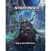 Starfinder 2E: GM Screen - Foldable game master screen featuring vibrant sci-fi artwork of a green-armored, hooded figure wielding a staff against a.