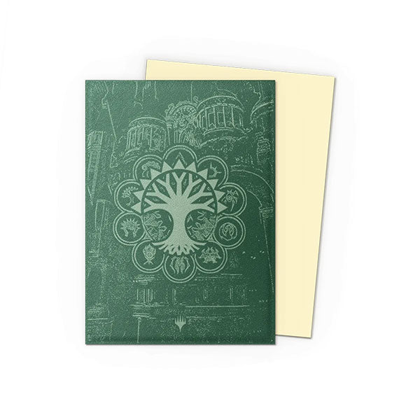 Dragon Shield Dual Sleeves 100ct Box - MTG Guildpact Series - Selesnya Conclave (PREORDER) - Green card sleeves with white intricate tree emblem and architectural background design.