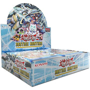 Yu-Gi-Oh! Justice Hunters - Booster Box - Yu-Gi-Oh! Justice Hunters booster box with vibrant blue and white artwork featuring characters and the Konami logo.
