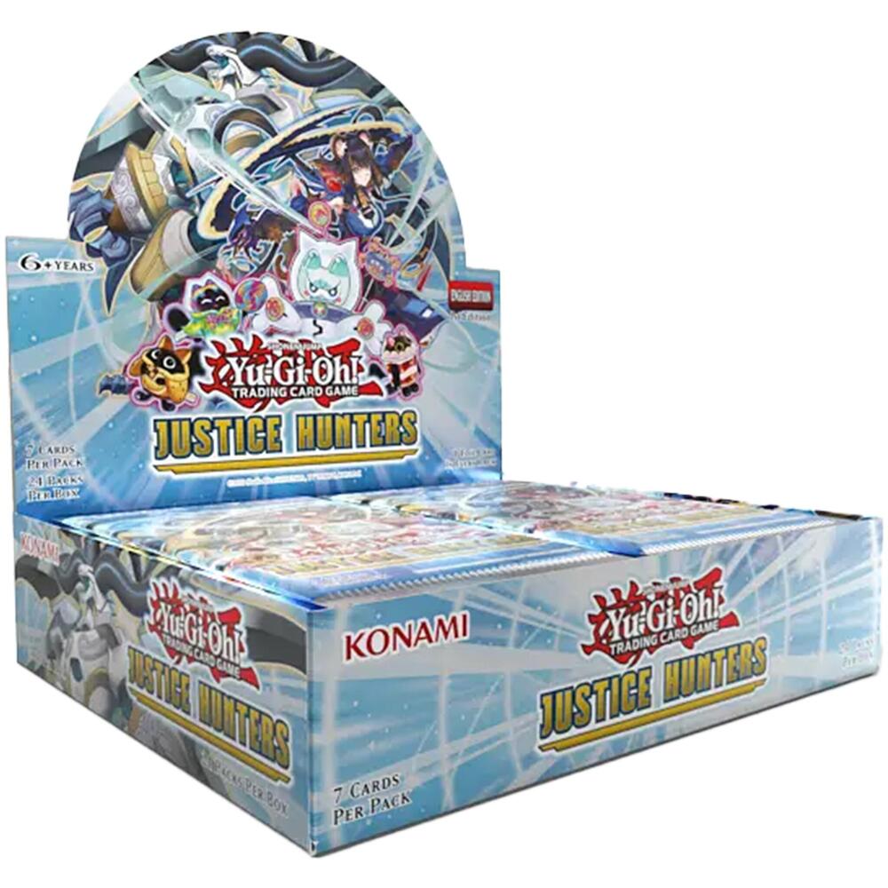 Yu-Gi-Oh! Justice Hunters - Booster Box - Yu-Gi-Oh! Justice Hunters booster box with vibrant blue and white artwork featuring characters and the Konami logo.