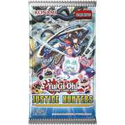 Justice Hunters Booster Pack - Yu-Gi-Oh! Justice Hunters Booster Pack with colorful fantasy character artwork and blue, white packaging.
