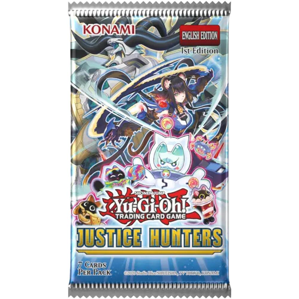 Justice Hunters Booster Pack - Yu-Gi-Oh! Justice Hunters Booster Pack with colorful fantasy character artwork and blue, white packaging.