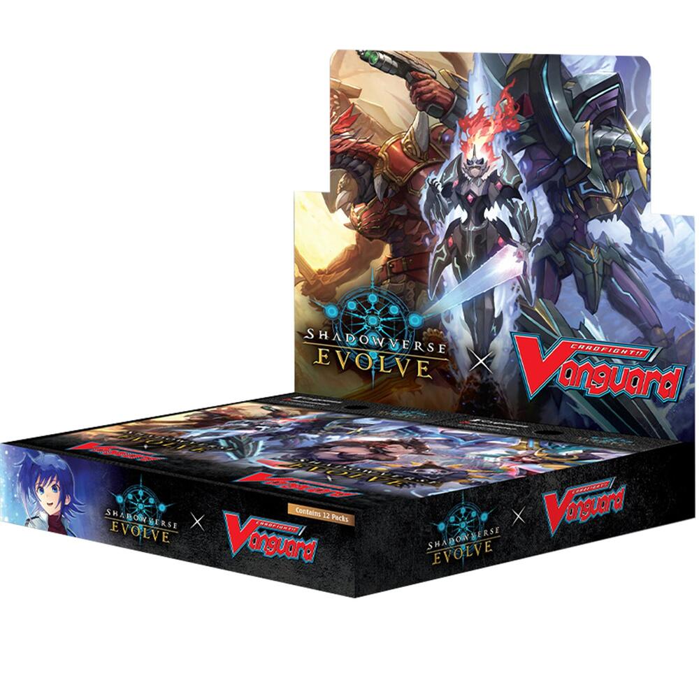Shadowverse Evolve TCG: Cardfight!! Vanguard Crossover - Booster Box - Shadowverse Evolve and Cardfight!! Vanguard crossover booster box with fantasy warrior artwork and black background design.