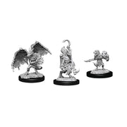 D&D Nolzur's Marvelous Miniatures: Kobold Inventor, Dragonshield & Sorcerer - A winged kobold with a spear, a horned sorcerer holding a staff, and an inventor with tools and a backpack.