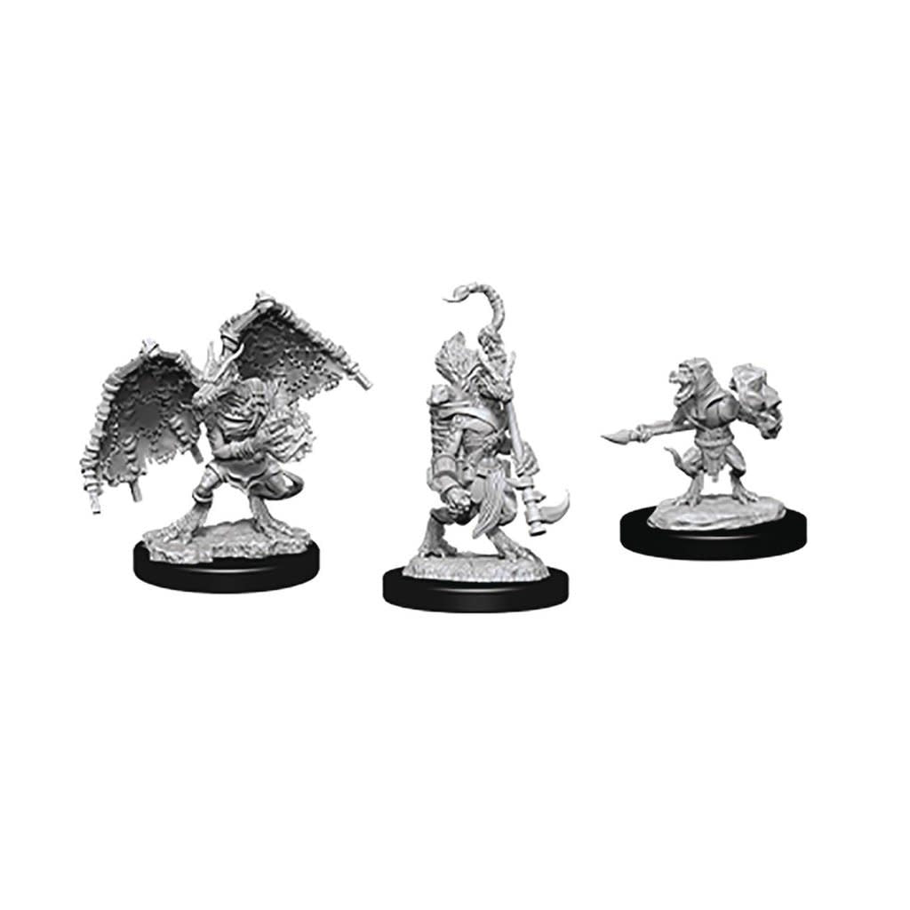 D&D Nolzur's Marvelous Miniatures: Kobold Inventor, Dragonshield & Sorcerer - A winged kobold with a spear, a horned sorcerer holding a staff, and an inventor with tools and a backpack.