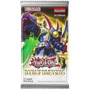 Doom of Dimensions Booster Pack - Doom of Dimensions Yu-Gi-Oh! booster pack featuring armored warrior with glowing green and purple energy on metallic silver.