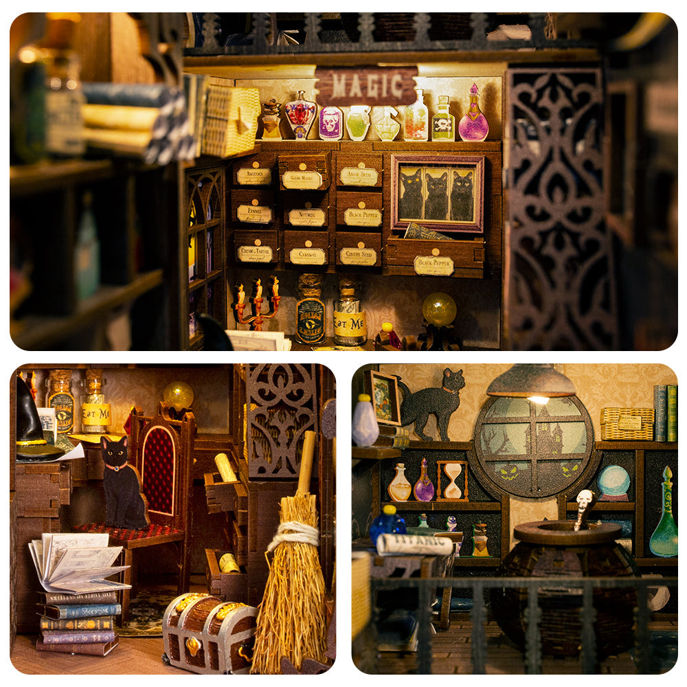 Magic Pharmacist Book Nook (PREORDER) - Miniature magical pharmacist book nook with illuminated shelves, potion bottles, scrolls, wooden drawers, broom, treasure.