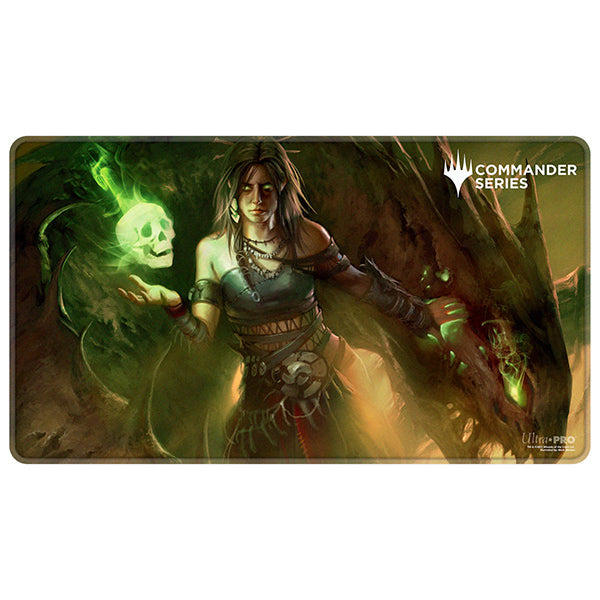 Playmat: MTG Stitched- Meren of Clan Nel Toth - Dark fantasy playmat featuring Meren of Clan Nel Toth holding a glowing green skull, brown and green tones, stitched edges.