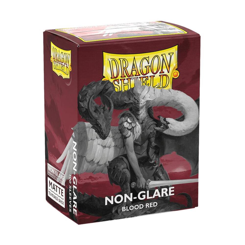 Dragon Shield 100ct Box - Non-Glare Blood Red - Box of 100 matte blood red non-glare card sleeves with dragon artwork on front.