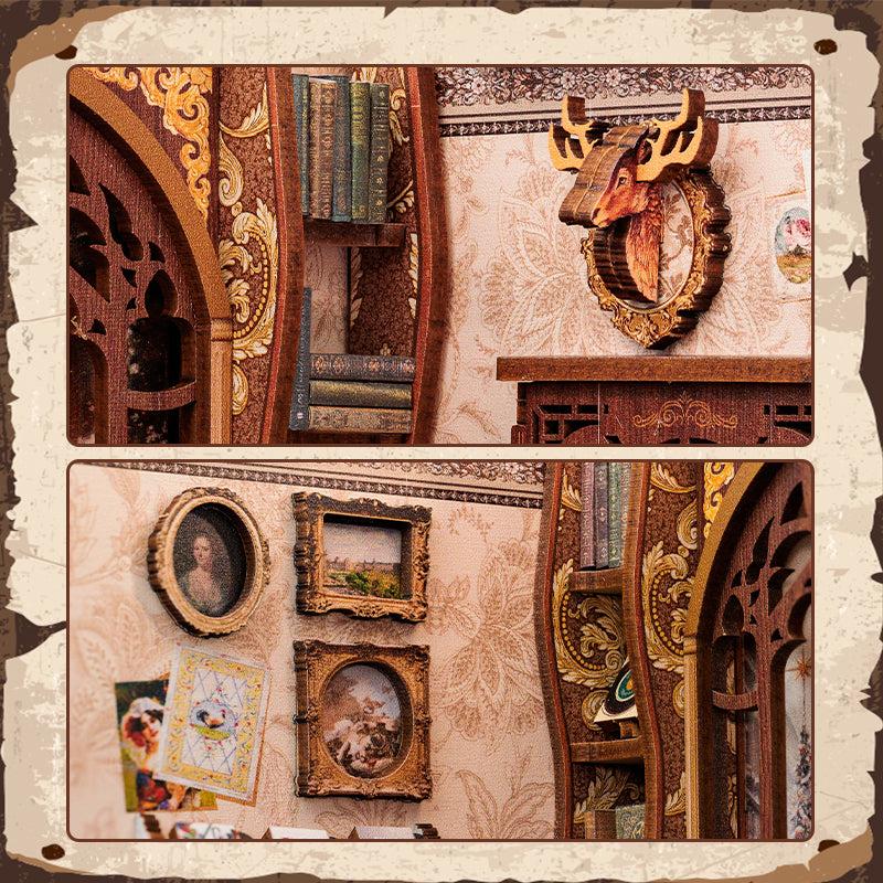 Bookshop Memories Book Nook (PREORDER) - Miniature vintage book nook featuring detailed bookshelves, ornate wallpaper, framed portraits, and a wooden deer head wall.