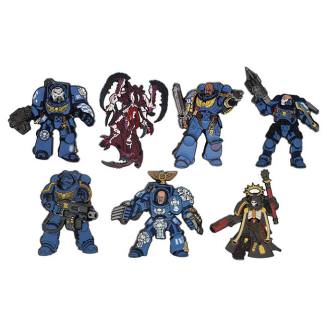 Mystery Loot: Warhammer 40k Pins: Ultramarines vs Tyranids - Blue Ultramarines and red Tyranids with detailed armor and weapons.