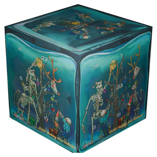 Chessex Holiday Dice Calendar - Cube-shaped teal dice calendar featuring intricate skeleton warrior illustrations and numbered sides for holiday countdown.