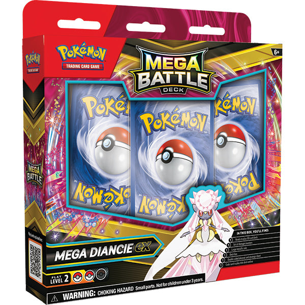 Pokémon TCG: Mega Battle Deck - Mega Diancie EX - Pokémon TCG Mega Battle Deck packaging with Mega Diancie EX card and vibrant pink, black, and yellow design.