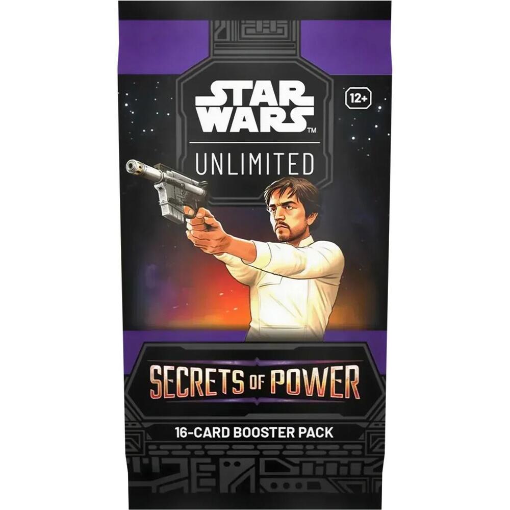 Star Wars: Unlimited - Secrets of Power Booster Pack - Black and purple Star Wars Unlimited Secrets of Power booster pack featuring a character aiming a blaster, 16 cards included.
