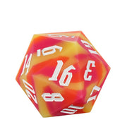 Giant Bouncy D20 - Color Change Orange Stripes - Large 20-sided orange and yellow marbled bouncy die with white numbers.