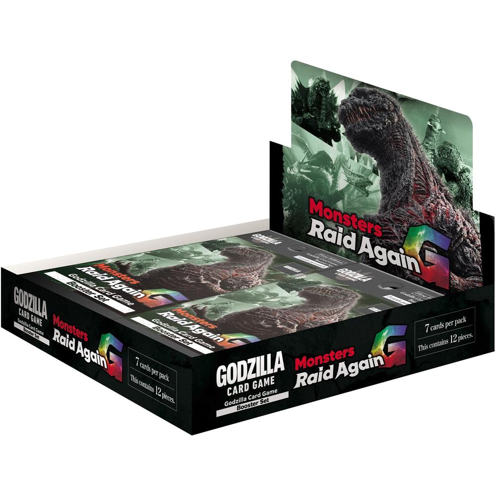 Godzilla Card Game: Monsters Raid Again: Booster Box - Black rectangular booster box featuring Godzilla illustration and red-green text Monsters Raid Again.
