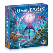 Rumblebots (PREORDER) - Colorful board game box with futuristic robots battling, titled Rumblebots Last Bot Standing.