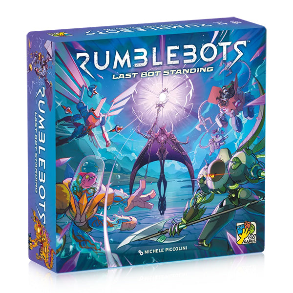 Rumblebots (PREORDER) - Colorful board game box with futuristic robots battling, titled Rumblebots Last Bot Standing.