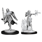 D&D Nolzur's Marvelous Minis: Multiclass Warlock + Sorcerer Female - Two unpainted gray resin female miniatures on black bases; one wielding a spiked sword and cloak, the other casting a magic.