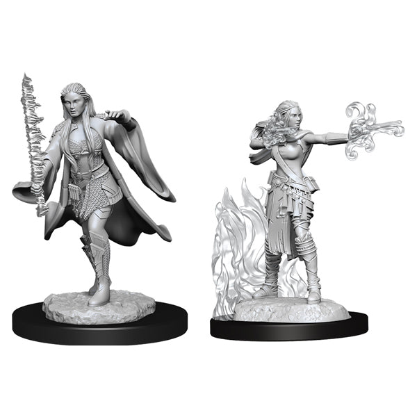 D&D Nolzur's Marvelous Minis: Multiclass Warlock + Sorcerer Female - Two unpainted gray resin female miniatures on black bases; one wielding a spiked sword and cloak, the other casting a magic.
