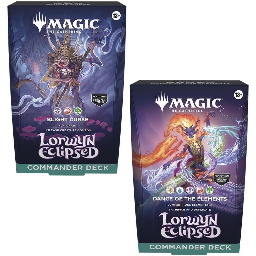 Magic: The Gathering - Lorwyn Eclipsed Commander Deck 2-Pack - The Gathering Lorwyn Eclipsed Commander Deck boxes, one with purple-blue tones and a mystical figure wielding a staff,.