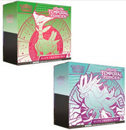 Pokémon TCG - Scarlet and Violet 5 Temporal Forces - Elite Trainer Box - Two Pokémon TCG Scarlet and Violet Temporal Forces Elite Trainer Boxes, one green with red and silver design, the other.