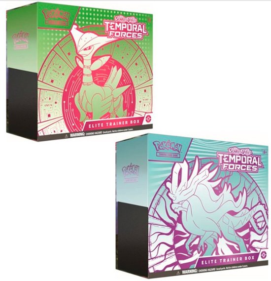 Pokémon TCG - Scarlet and Violet 5 Temporal Forces - Elite Trainer Box - Two Pokémon TCG Scarlet and Violet Temporal Forces Elite Trainer Boxes, one green with red and silver design, the other.