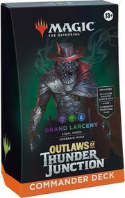 Magic: The Gathering - Outlaws of Thunder Junction Commander Deck - Grand Larceny - The Gathering Commander Deck box featuring a dark armored outlaw figure with a wide-brimmed hat and glowing eyes, set.