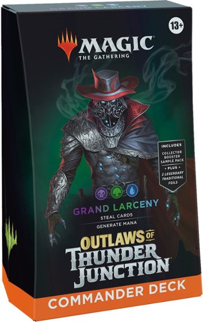 Magic: The Gathering - Outlaws of Thunder Junction Commander Deck - Grand Larceny - The Gathering Commander Deck box featuring a dark armored outlaw figure with a wide-brimmed hat and glowing eyes, set.