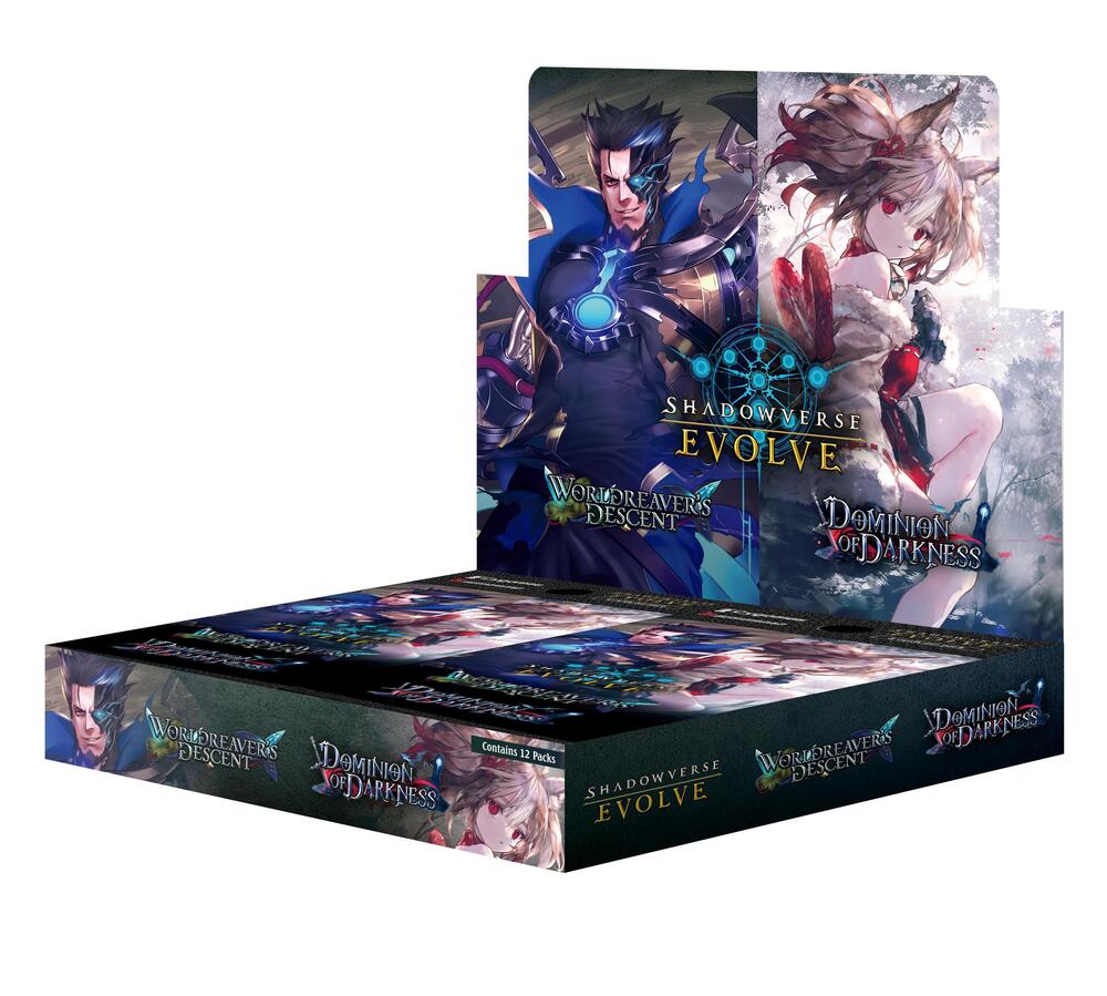 Shadowverse Evolve: Worldreaver's Descent & Dominion of Darkness Combined Set: Booster Display - Shadowverse Evolve booster display box with vibrant fantasy artwork of characters in blue and red tones on the packaging.