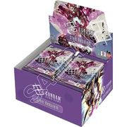 Gundam Card Game - Steel Requiem Booster Display - Open purple display box containing multiple Gundam Card Game Steel Requiem booster packs with dynamic mecha artwork in pink.