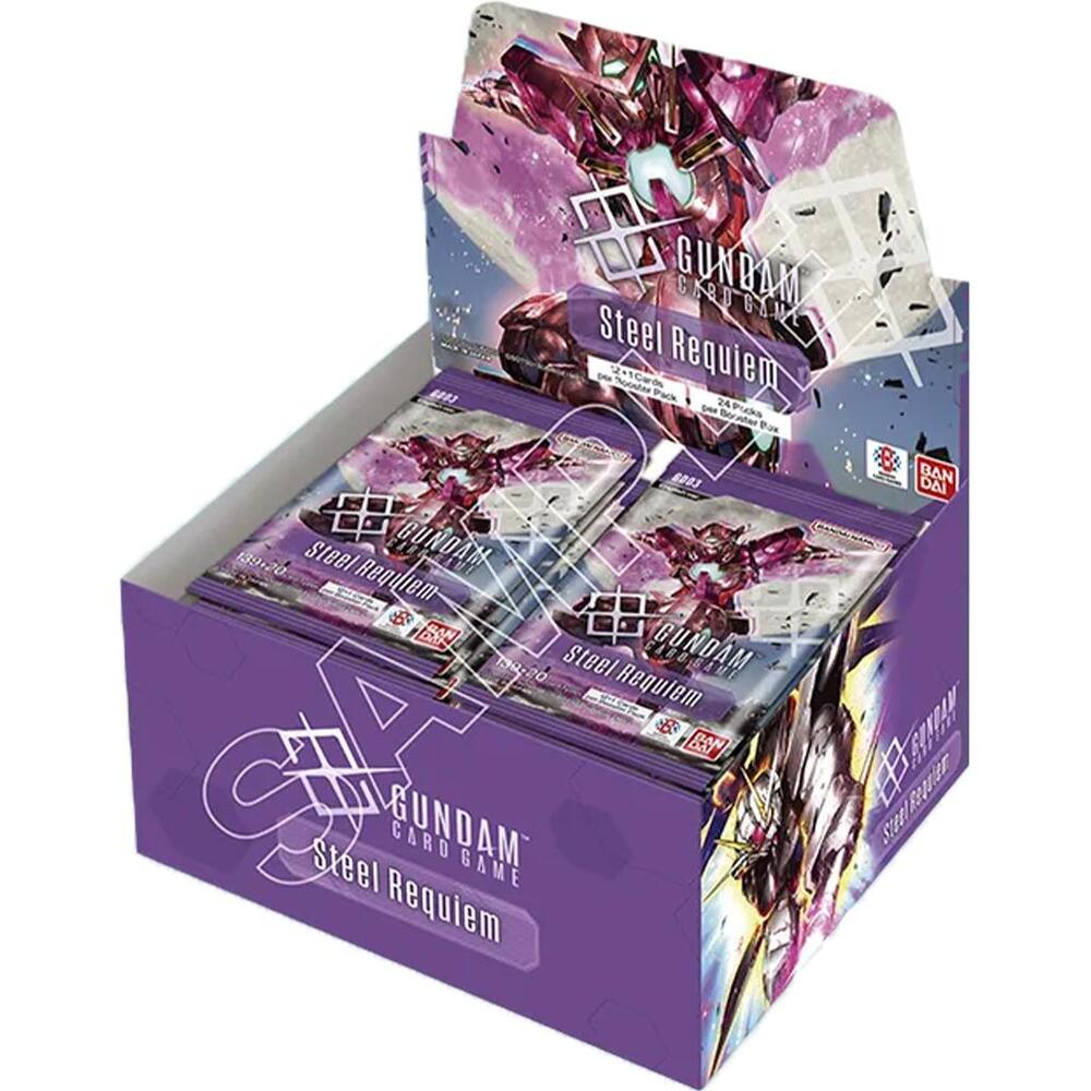 Gundam Card Game - Steel Requiem Booster Display - Open purple display box containing multiple Gundam Card Game Steel Requiem booster packs with dynamic mecha artwork in pink.