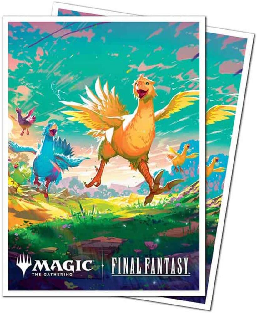 Ultra Pro Apex Sleeves Final Fantasy Chocobo - Colorful card sleeves featuring a vibrant yellow chocobo and other creatures running in a fantasy landscape with bright blue