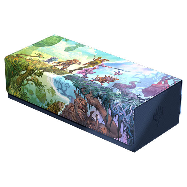 Ultimate Guard Arkhive 1000+ Xenoskin Deckcase: Lorwyn Eclipsed - Rectangular deck box with vibrant fantasy forest artwork featuring mythical creatures and lush foliage, durable plastic.