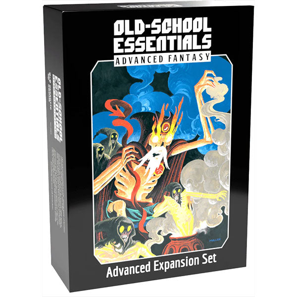 Old-School Essentials: Advanced Fantasy: Advanced Expansion Set (PREORDER) - Black box with colorful fantasy artwork featuring a fiery skeleton warrior and ghostly creatures, titled Old-School.