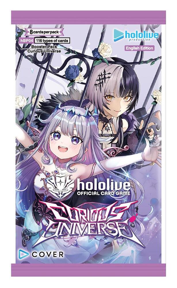 Curious Universe Booster Pack - Hololive Official Card Game Curious Universe booster pack with vibrant anime characters on glossy purple packaging.