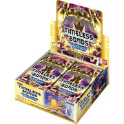 Digimon Card Game: BT-26 Timeless Bonds Booster Display - Open display box of Digimon Timeless Bonds booster packs featuring purple and gold artwork with digital monster characters.