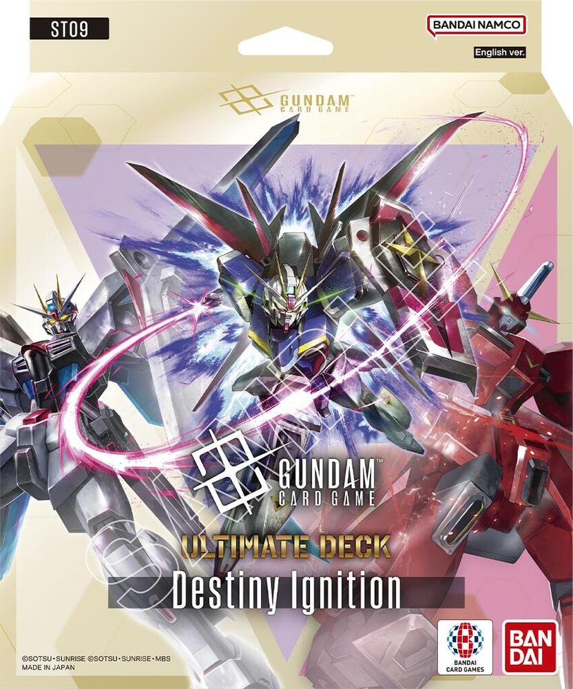 Gundam TCG - Starter Deck 09: Destiny Ignition (ST09) - Gundam TCG Ultimate Deck Destiny Ignition box featuring dynamic colorful Gundam mecha artwork on a beige background.