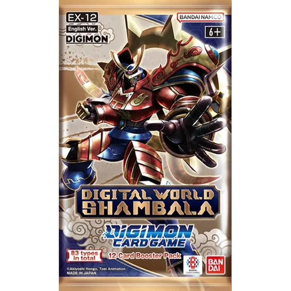 Digimon Card Game: Digital World Shambala EX-12 Booster Box - Booster box with armored Digimon character, metallic gold and red accents, blue highlights, and bold "Digital World.
