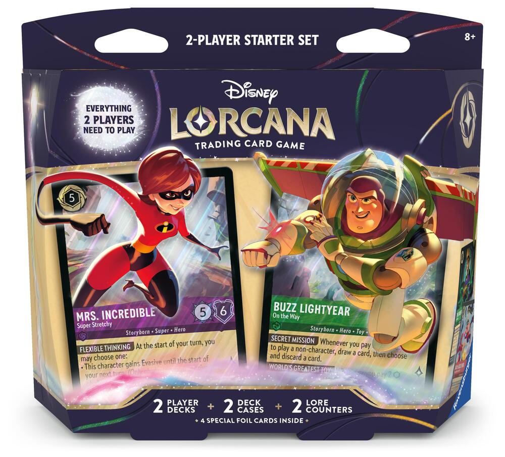 Lorcana TCG: 2-Player Deck Display - Elastigirl & Buzz Lightyear - Lorcana TCG 2-player deck display featuring Elastigirl with red suit and Buzz Lightyear in space armor packaging with purple