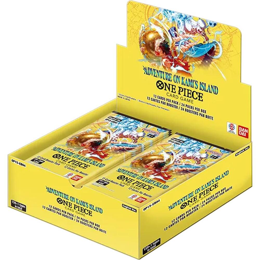 One Piece TCG - Adventure on Kami's Island Booster Box [OP 15] (PREORDER) - Yellow One Piece TCG booster box with colorful dragon artwork and "Adventure on Kami's Island" text displayed open showing.