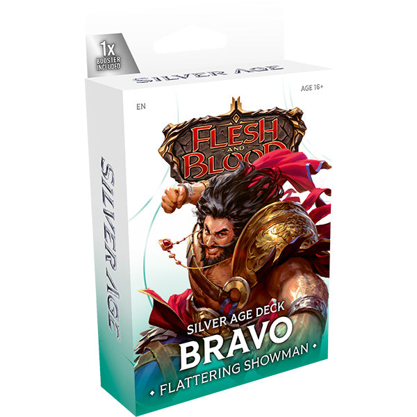 Flesh and Blood: Silver Age Chapter 1 Deck - Bravo - Flesh and Blood Silver Age Chapter 1 Bravo deck box featuring heroic warrior with armored shoulder and flowing red cape on.