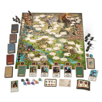 Lord of the Rings: Adventure to Mount Doom - Colorful fantasy-themed game board with winding paths, character cards, dice, tokens, and multiple decks for cooperative.